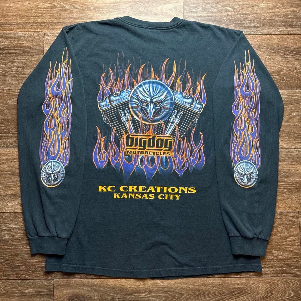 Black Sun Faded Y2K Big Dog Motorcycles Long Sleeve Graphic Purple Flames Tee